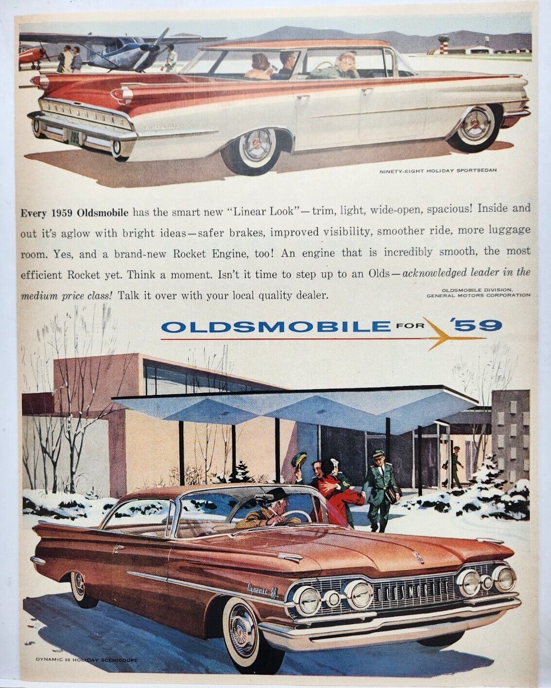 1959 Oldsmobile 98 Holiday Sports Sedan Dynamic 88 Scenicoupe Vtg Print Ad Art