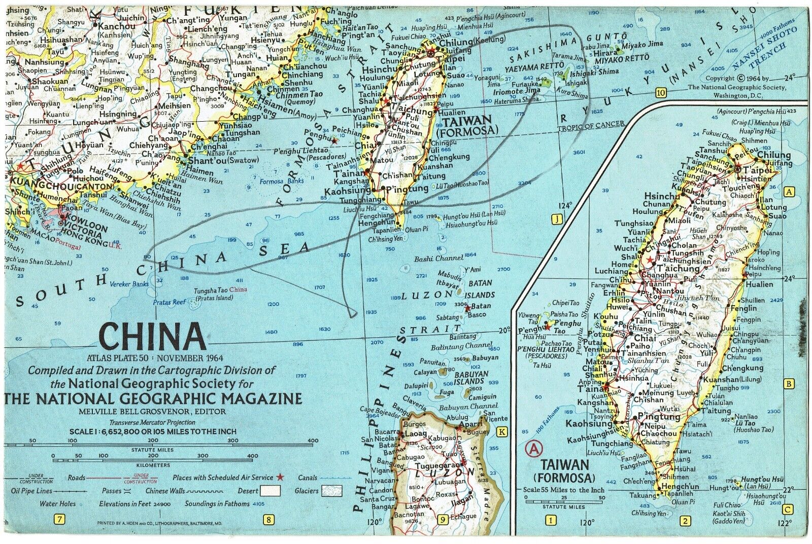 1964-11 November Vintage National Geographic Map CHINA KOREA TAIWAN - (553)