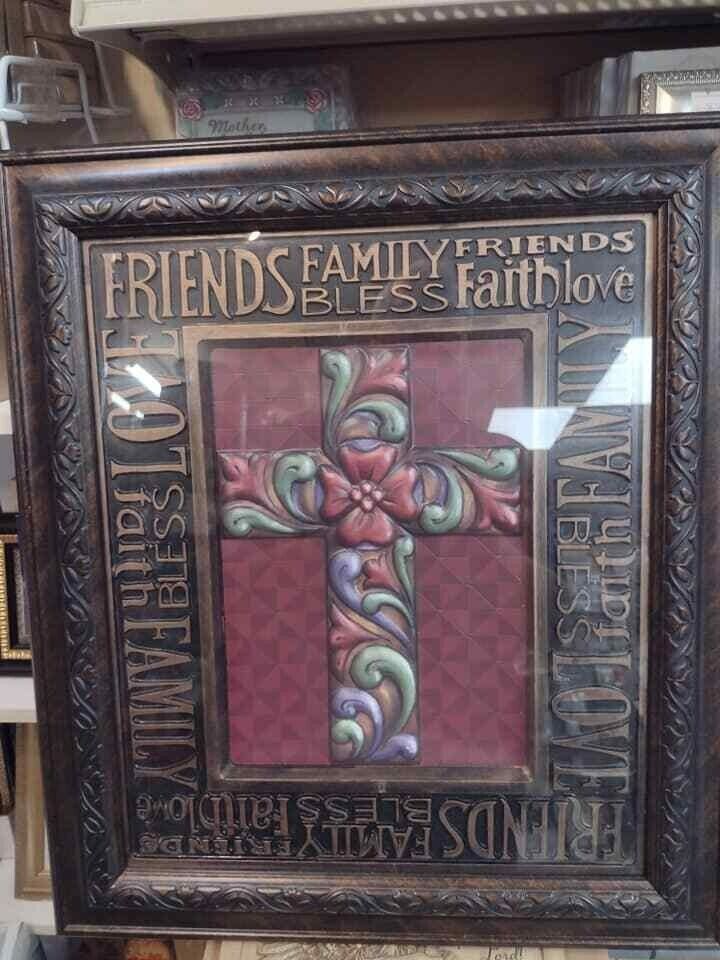 Jim Shore Friend's Blessing Cross FRAMED Wall Art Size: LARGE 19x22