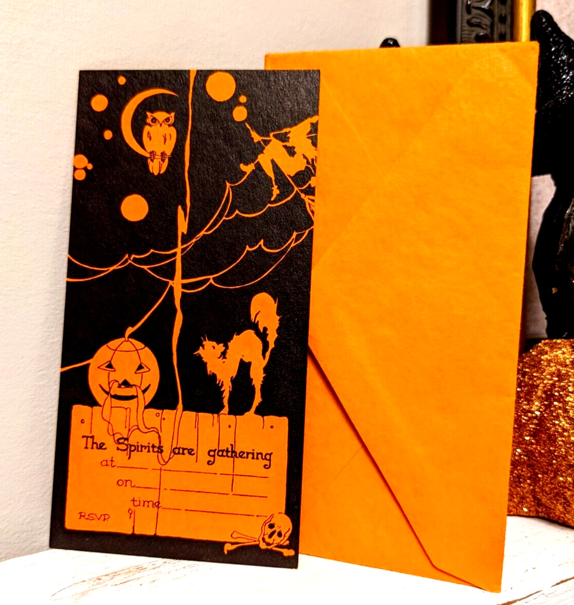 Unused 1920s Vintage Halloween Party Invitation & Envelope Jack O' Lantern Witch