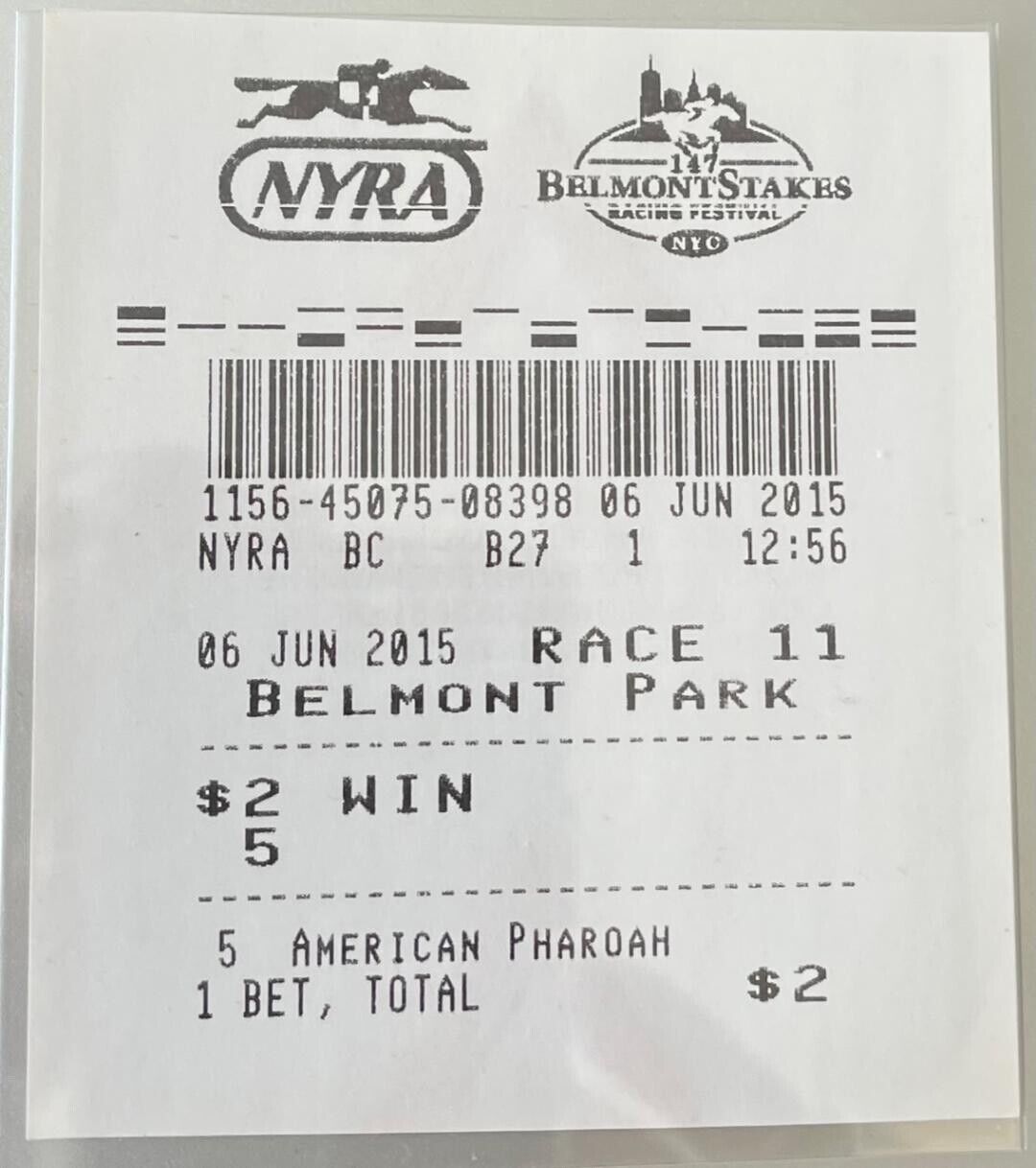 2015 BELMONT STAKES $2 UNCASHED WIN TICKET AMERICAN PHAROAH