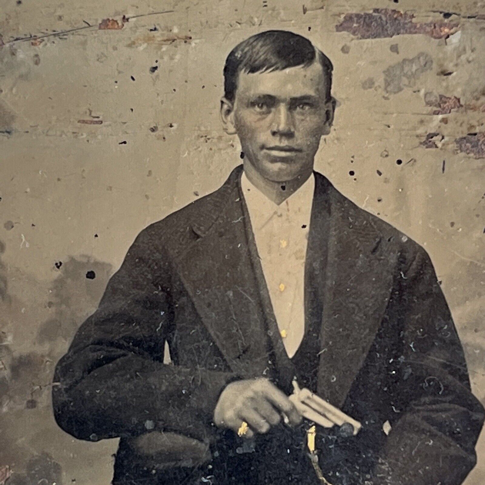 Antique Tintype Photograph Handsome Young Man Holding Pistol Gun Ruffian Outlaw