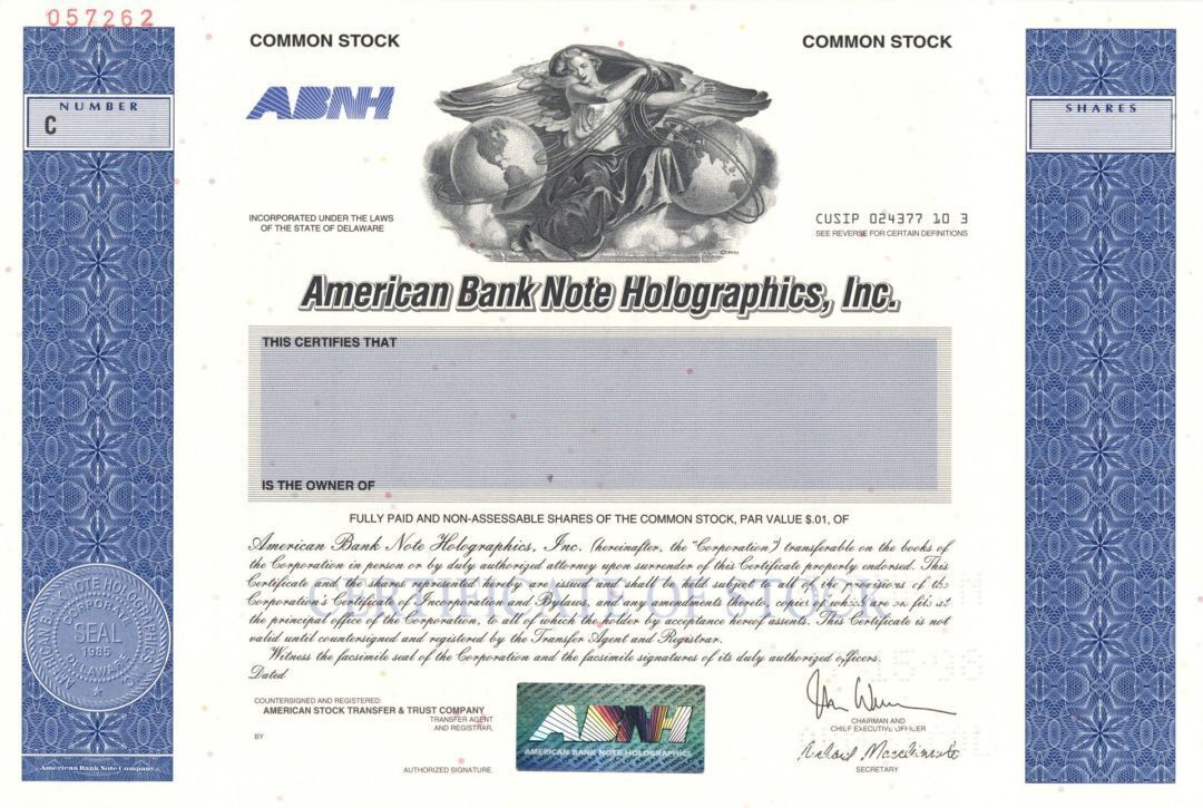 American Bank Note Holographics, Inc. - 1985 Specimen Stock Certificate - Specim