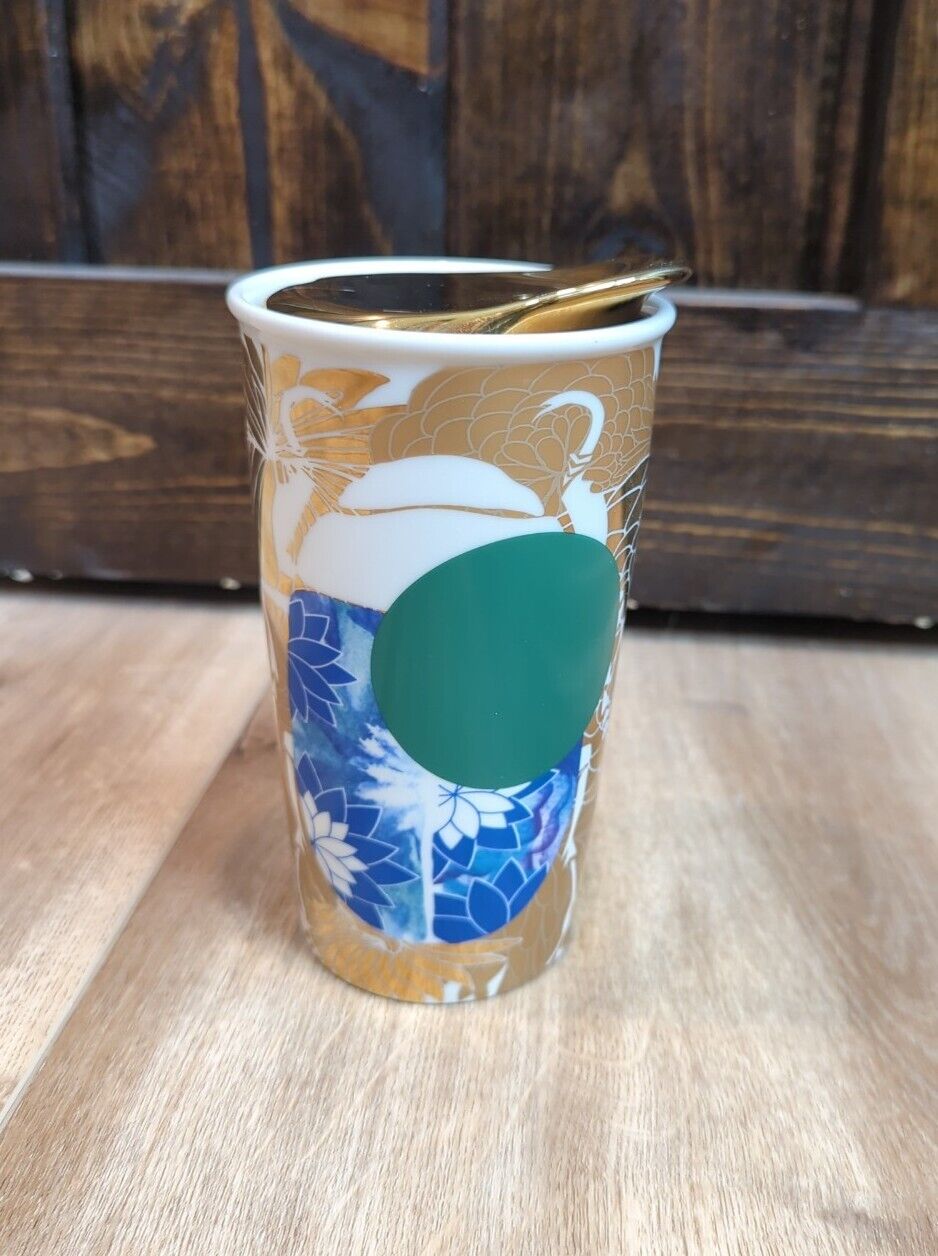 STARBUCKS 2014 Travel Coffee Mug Green Dot Blue Gold Flower  12 oz With Lid