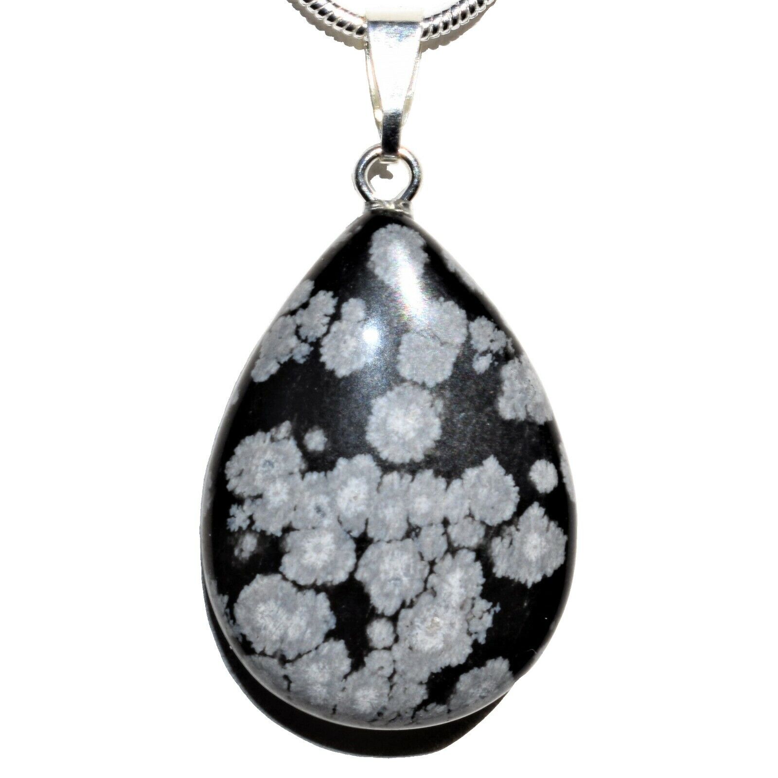 Charged Natural Snowflake Obsidian Teardrop Pendant + 20\