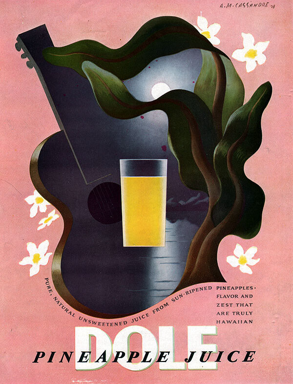 Cassandre Dole Pineapple Juice HAWAII Ukulele HAWAIIANA 1938 Magazine Ad