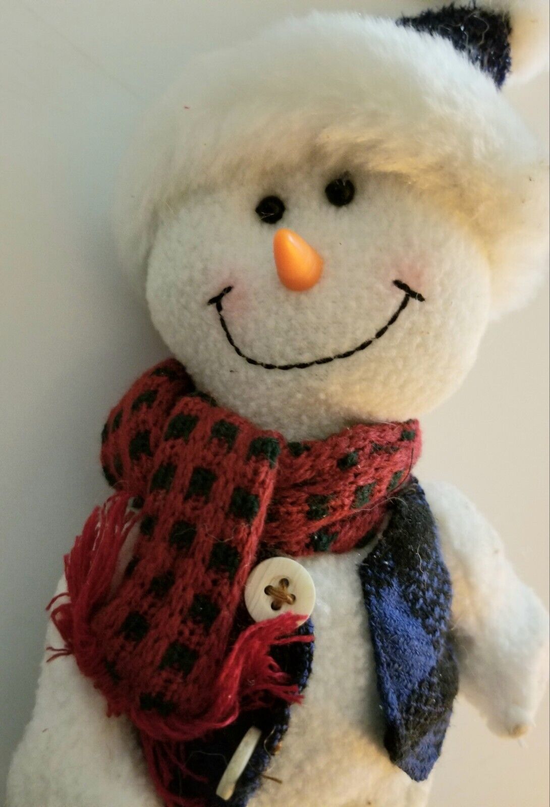 Snowman Santa with Blue Hat.  Fabric with hard plastic inner body