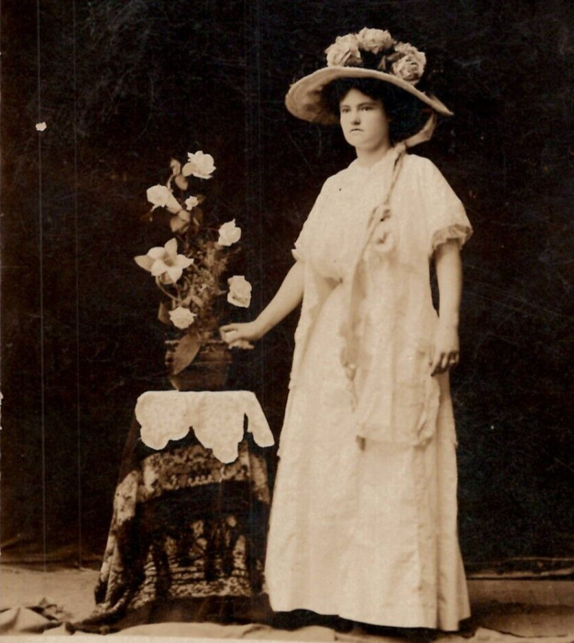 Pretty Lady Big Hat Studio Roses RPPC Photo Postcard Vtg c 1910s Edwardian