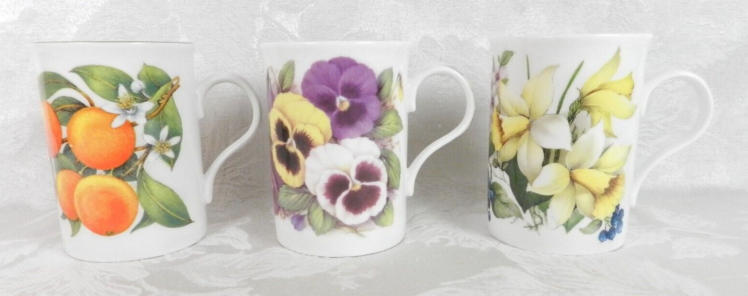 3 Crown Trent Coffee Mugs Tea Cups Pansies Daffodils Fruit Bone China England