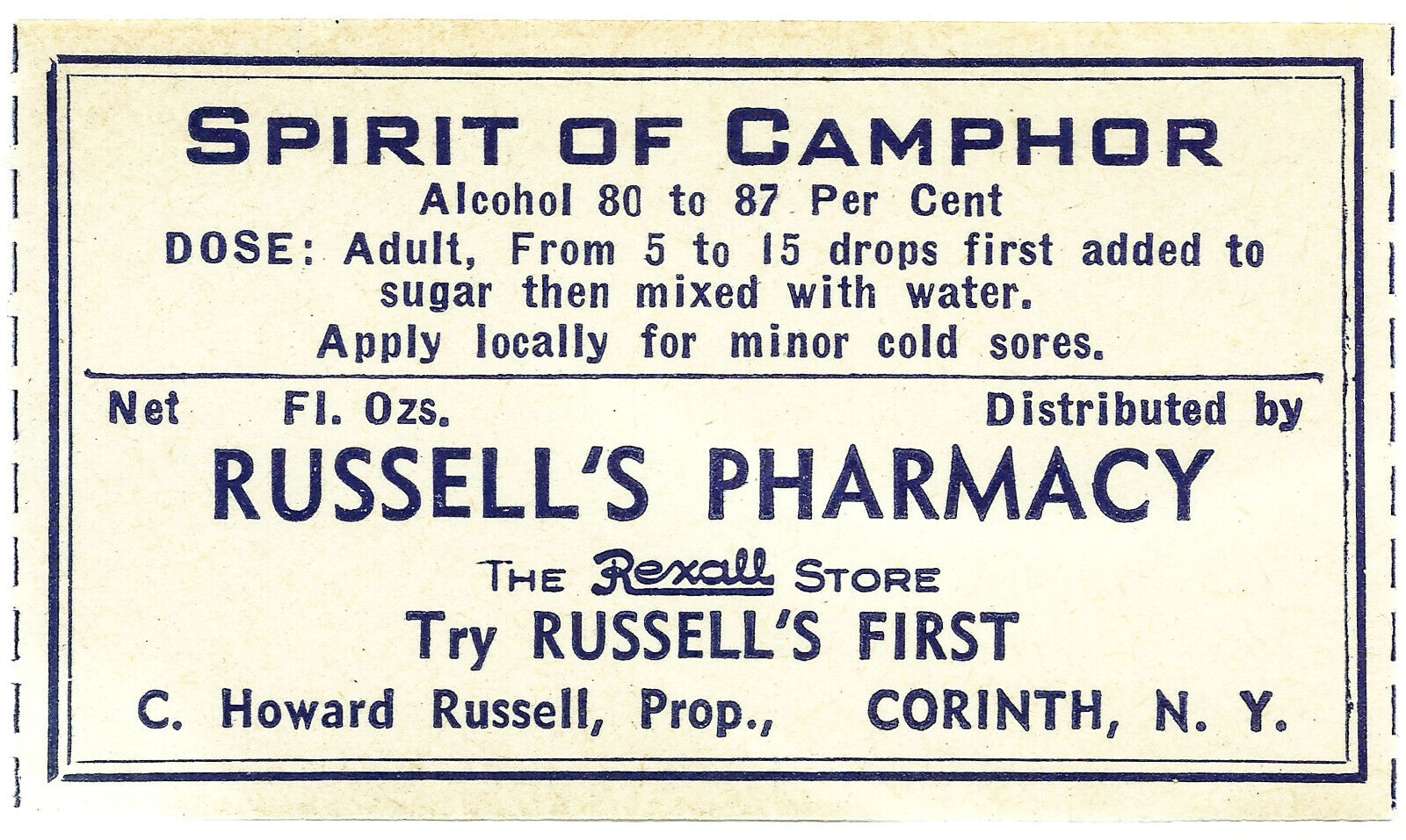 1 Vintage Gummed Label SPIRIT OF CAMPHOR Russell's Rexall Pharmacy Cornith N.Y.