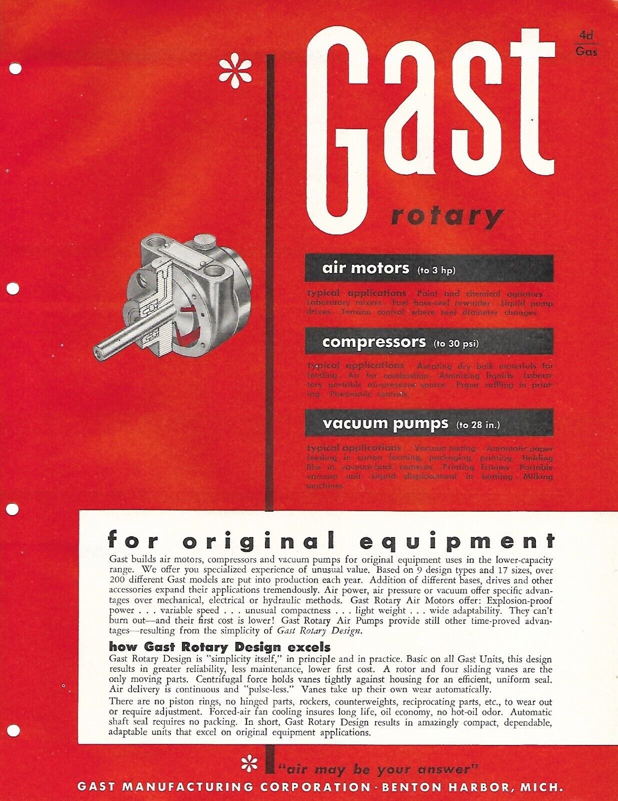 Brochure - Gast - Rotary Air Motor Compressor Vacuum Pump c1953 (MR573)