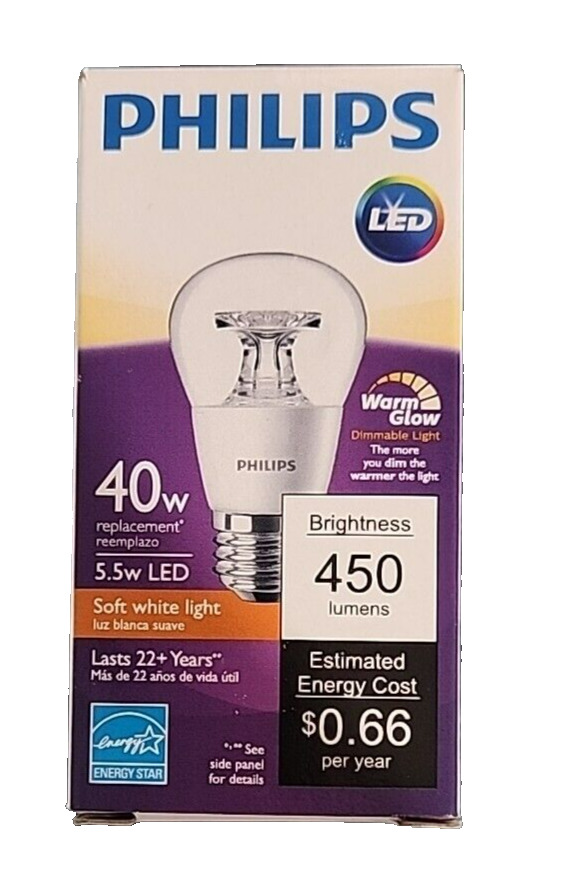 Philips LED 5.5W 40W Replace A15 Dimmable Bulb Soft White Warm Glow Med Base