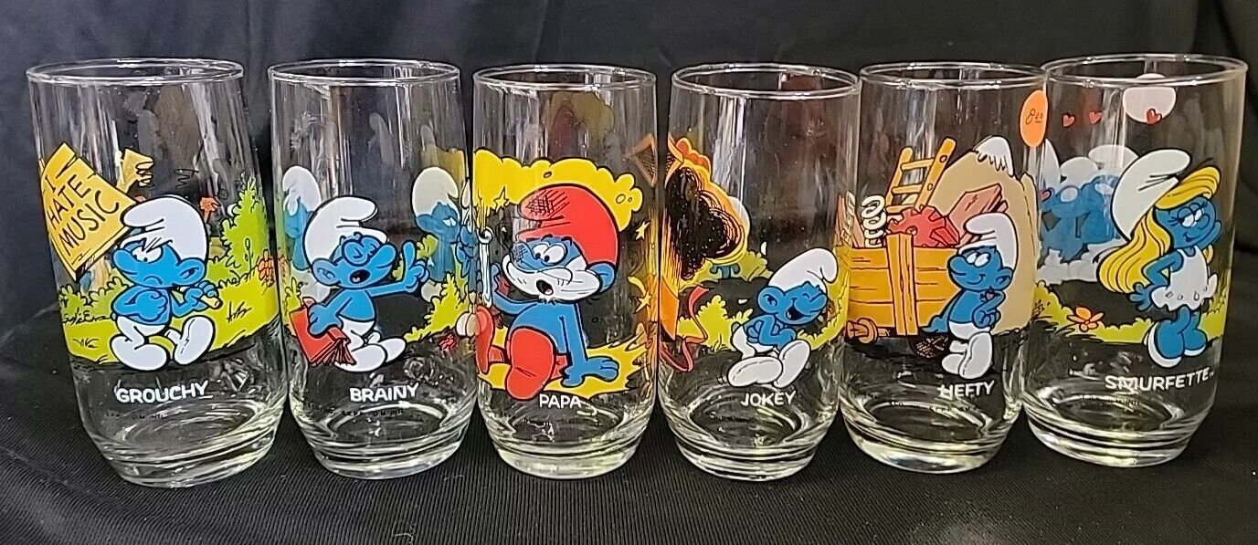 Vintage 1982 Peyo Smurfs Collector Glass Cups-Set Of 6 Different 