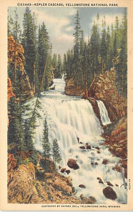 Postcard WY: Kepler Cascade, Yellowstone, Wyoming, Linen, Unposted