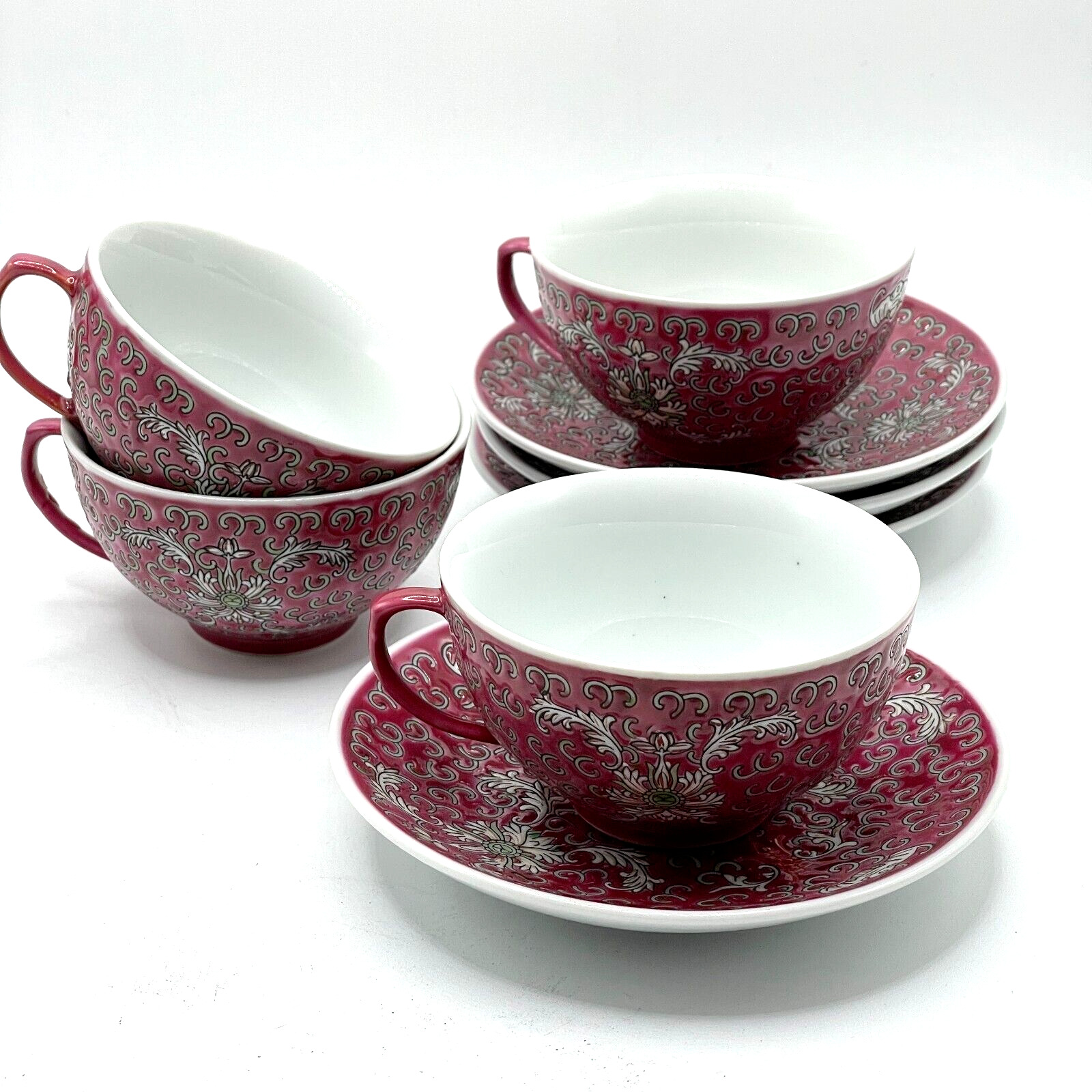 Vintage Jingdezhen Red Famille Chinese Mun Shou Set of 4 Cups and Saucers RARE