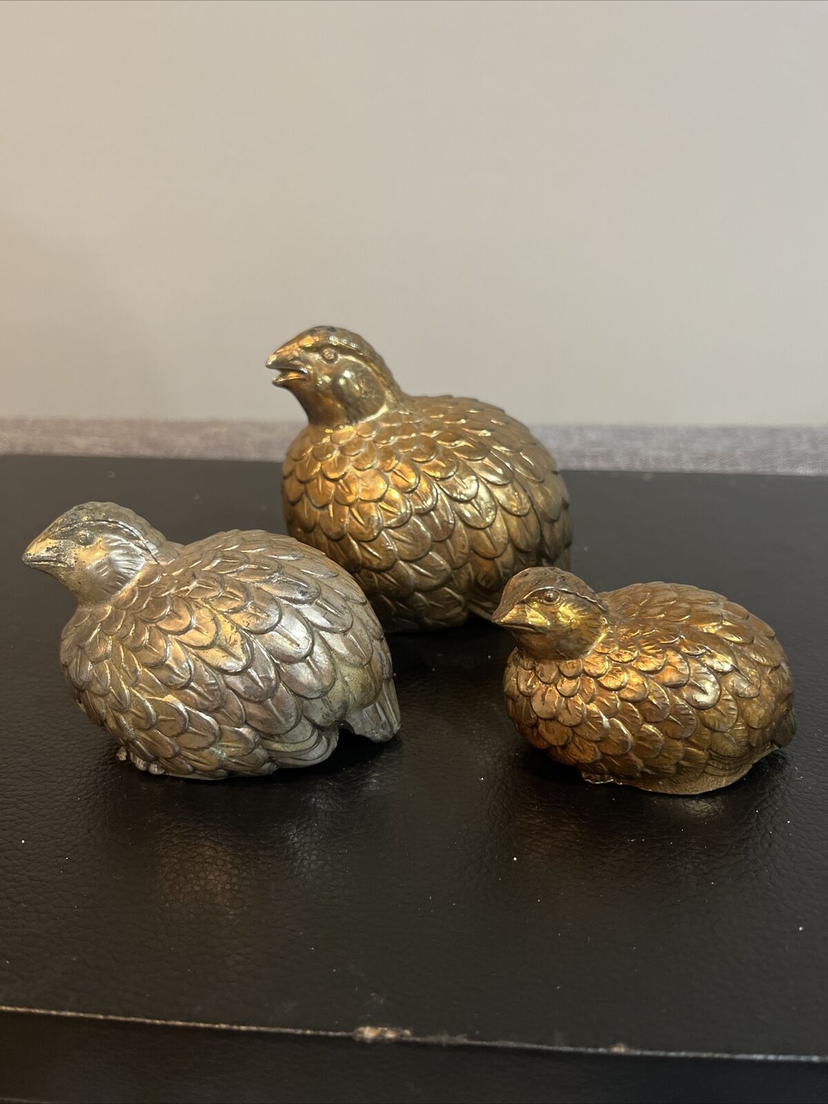 3 Vintage Gold Color Cast Metal Quail Bird Sugar, Salt and Pepper Shakers