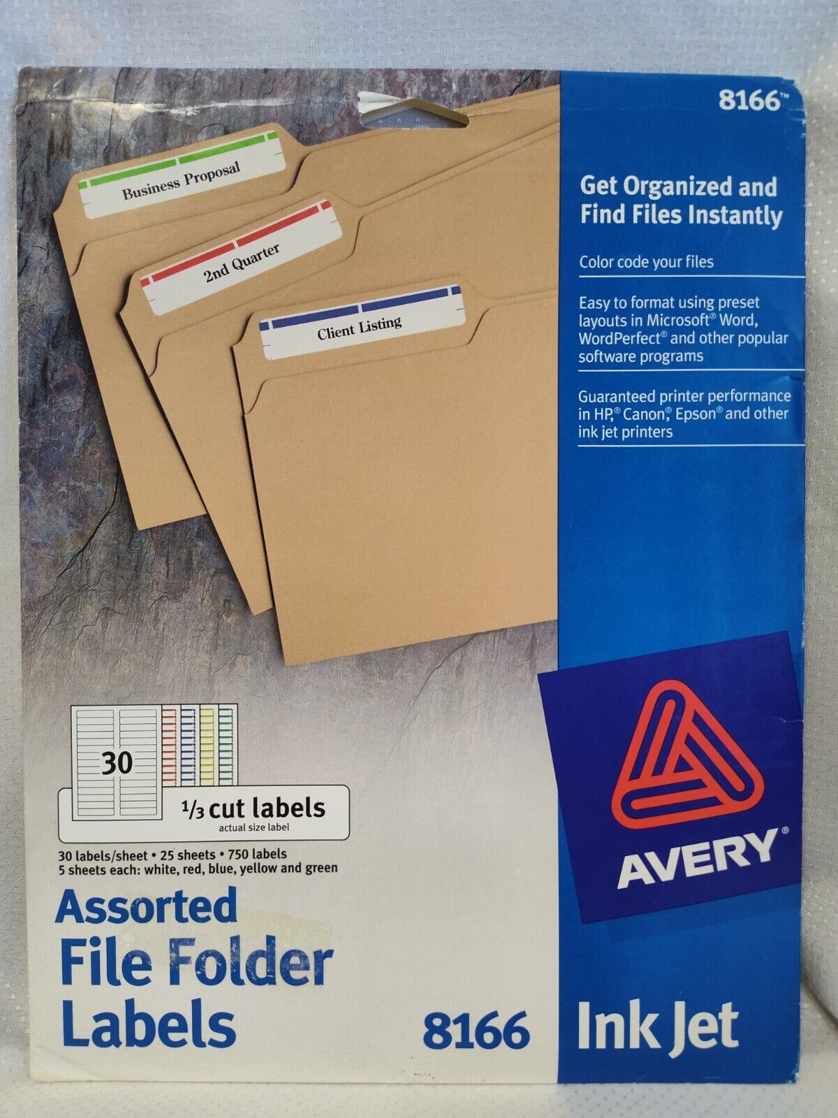 Vintage Avery 8166 File Folder Labels*Inkjet Printer*Assorted Colors*18 Sheets