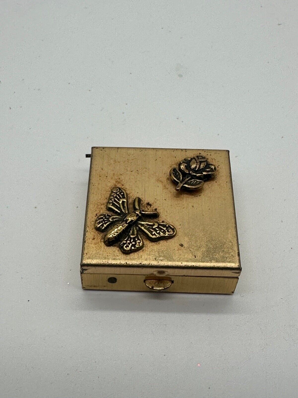 Vintage Pill Box- Small Brass/Metal Butterfly Rose