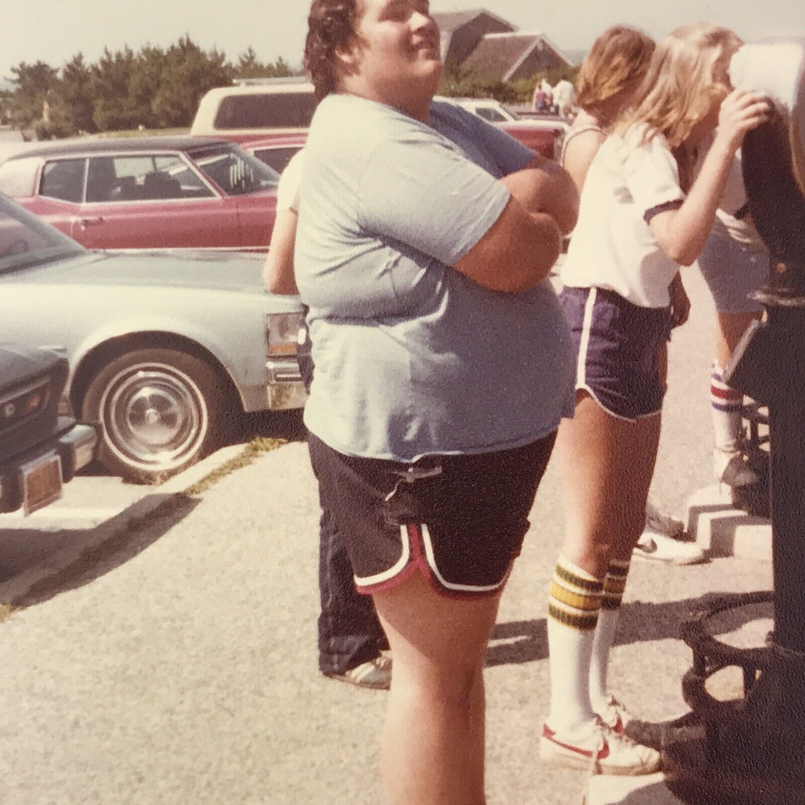 Vintage Color Photo Young Man Large Obese Short Shorts Looking Away Outdoors