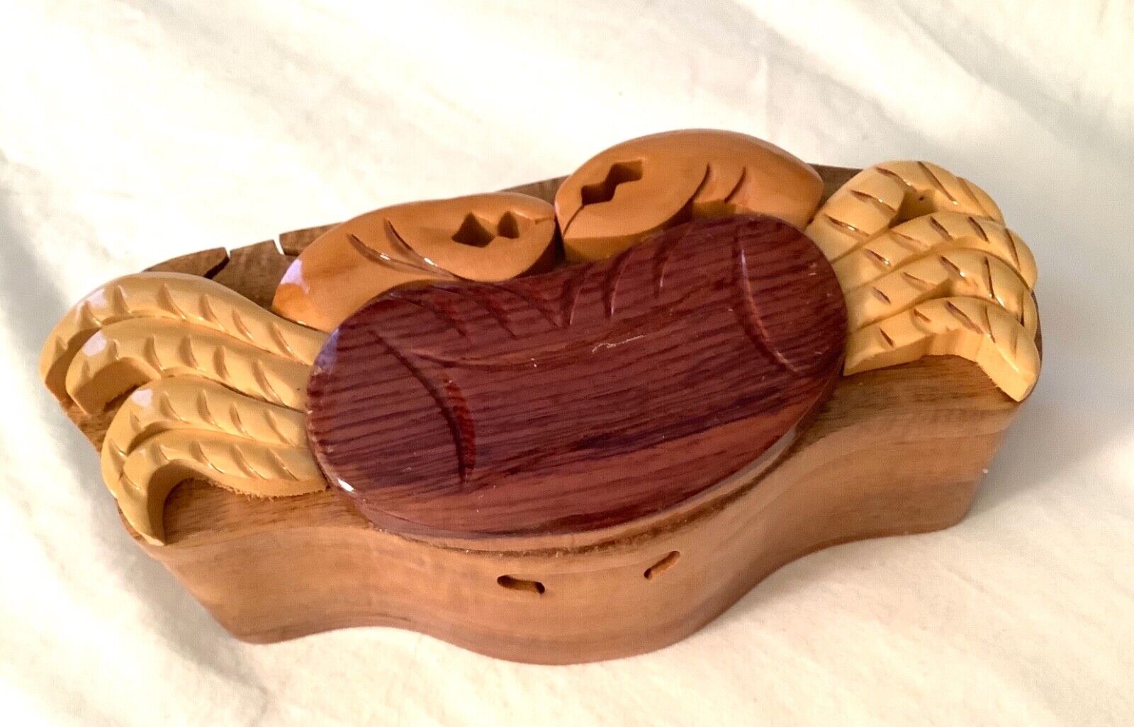 Crab Handcrafted Carved Wood Secret Puzzle Box Jewelry Trinkets Valuables
