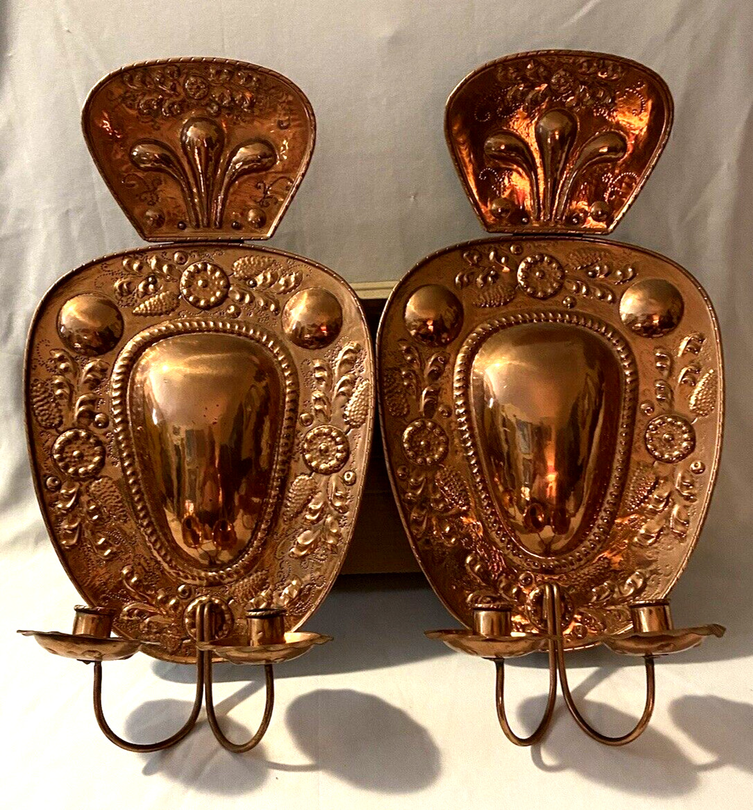 Beautiful Pair Hand Made/Tooled Copper WALL SCONCES w/Double Candle Holders