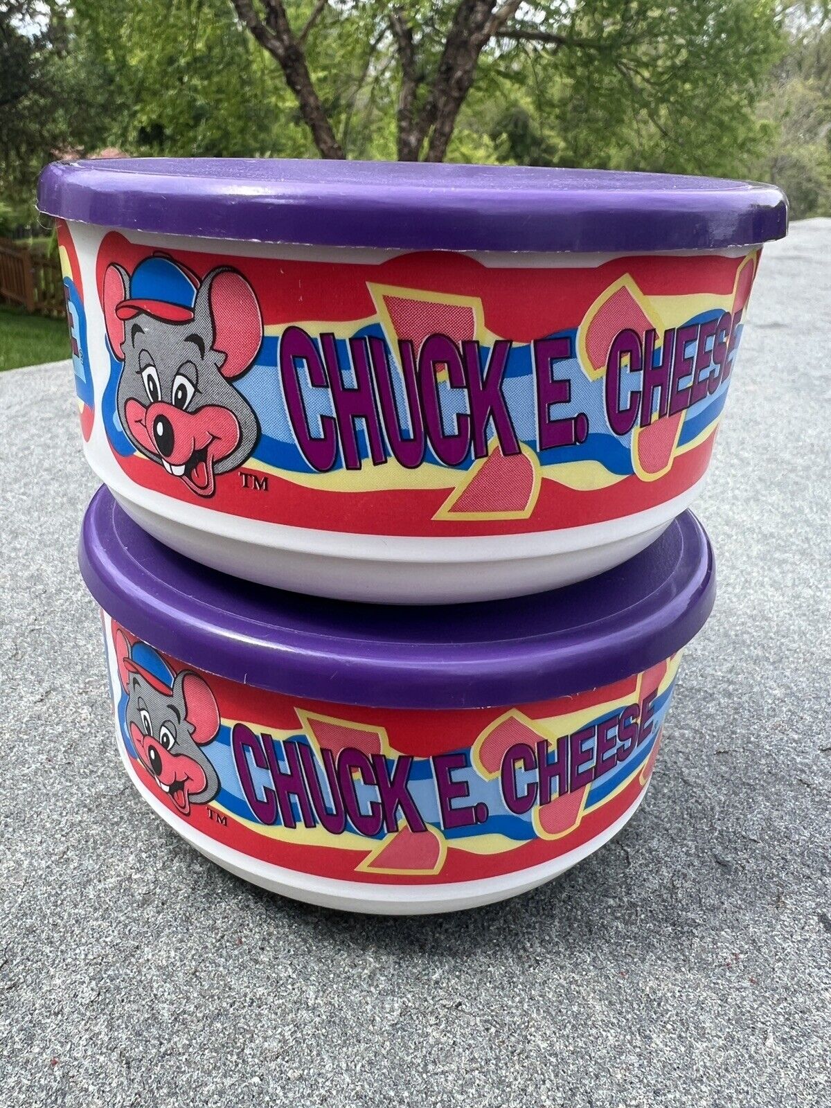 Vintage Lot 2 CHUCK E. CHEESE Cereal Bowls With Lids