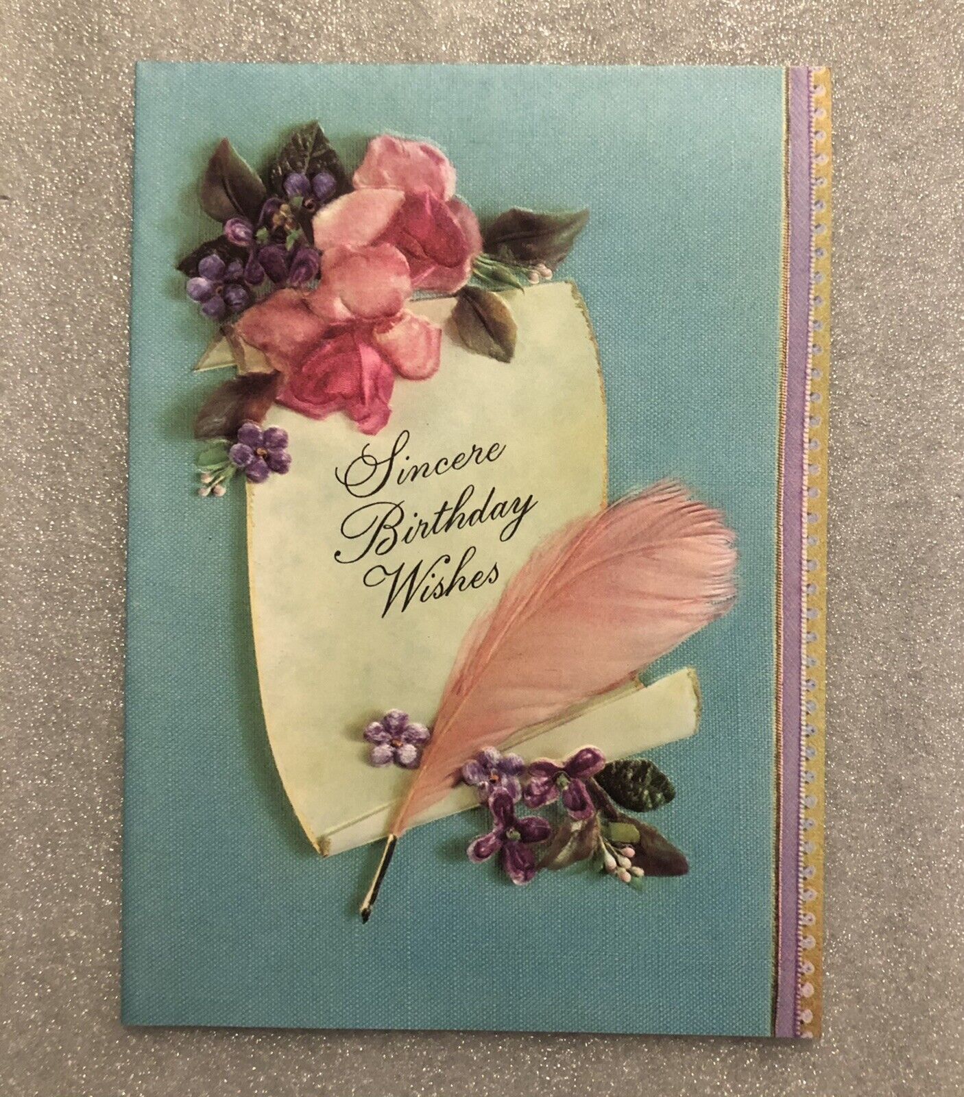 Vintage Happy Birthday Greeting Card Paper Collectible Pink Feather