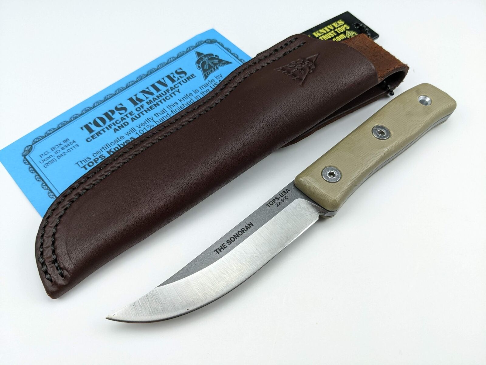 Tops Knives - The Sonoran Knife - Tan G10 Handle - Leather Sheath - TSNRN-01