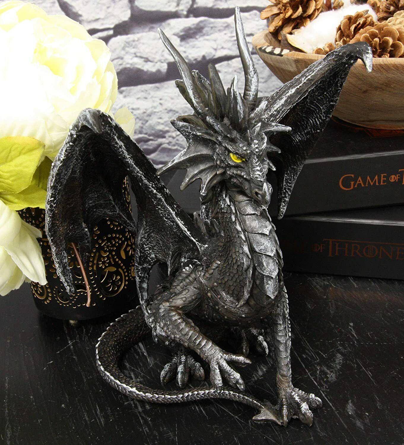 Ebros Ruth Thompson Metallic Grey Checkmate Dragon with Horns Statue 9\