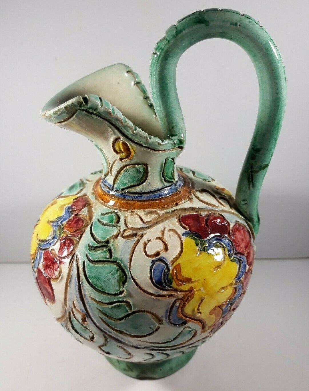 Vintage Decorative Water Pitcher Hand Painted Etched Colorful M.B D Italy Unique