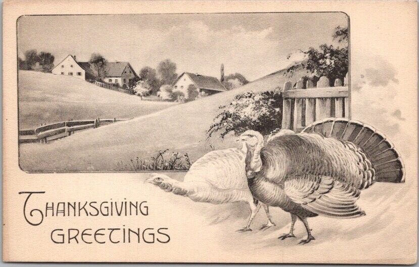 Vintage 1910s Gottschalk THANKSGIVING Postcard Turkeys / Farm Scene - Unused