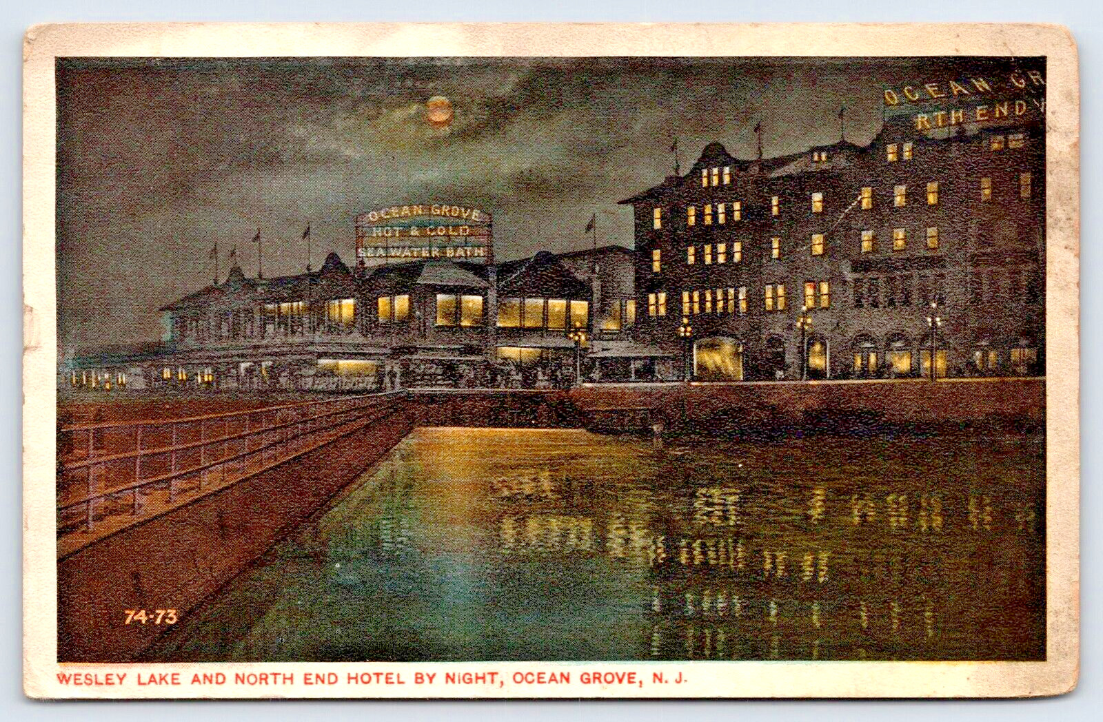 1917 Postcard Wesley Lake N. End Hotel by Night Ocean Jersey Sea Water Bath A9