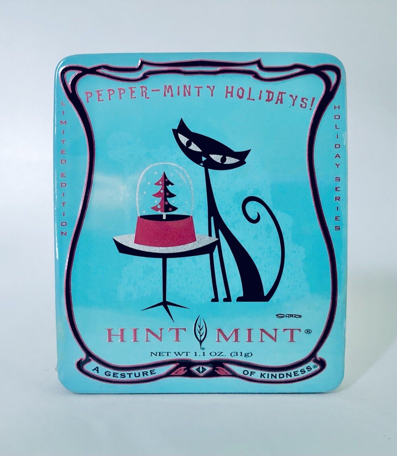 Vintage 2008 HINT MINTS Curved Tin 3.5” SEALED Candy Container FELINE MASCOT