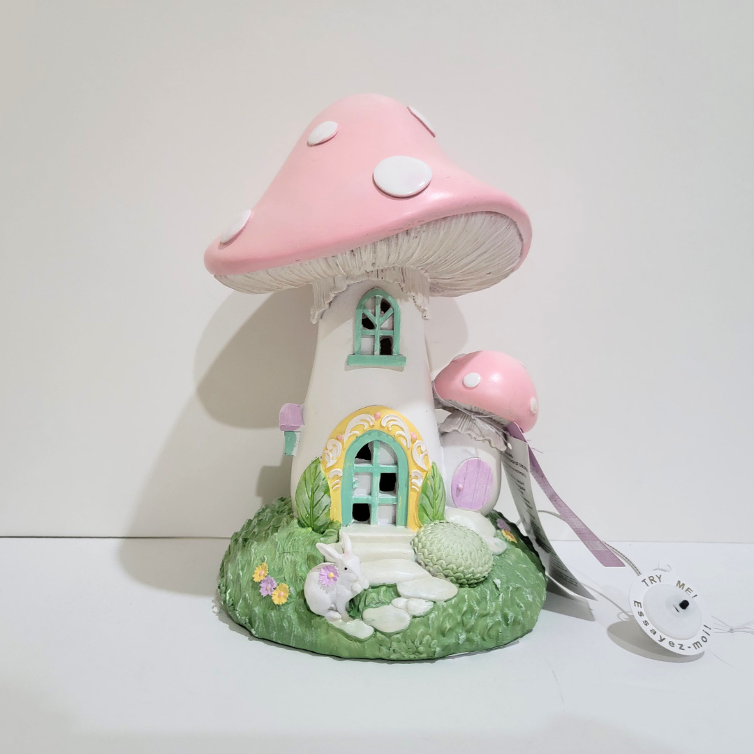 NEW LIGHT UP Pink Mushroom House Easter Bunny Spring Garden LED Home Decor