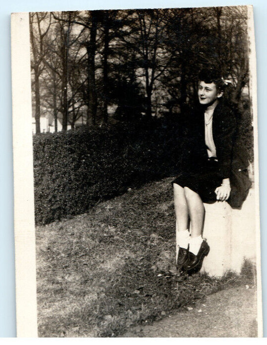 Vintage Photo 1944, Young School Girl w/ Pose on Steps, 4.25x3.25