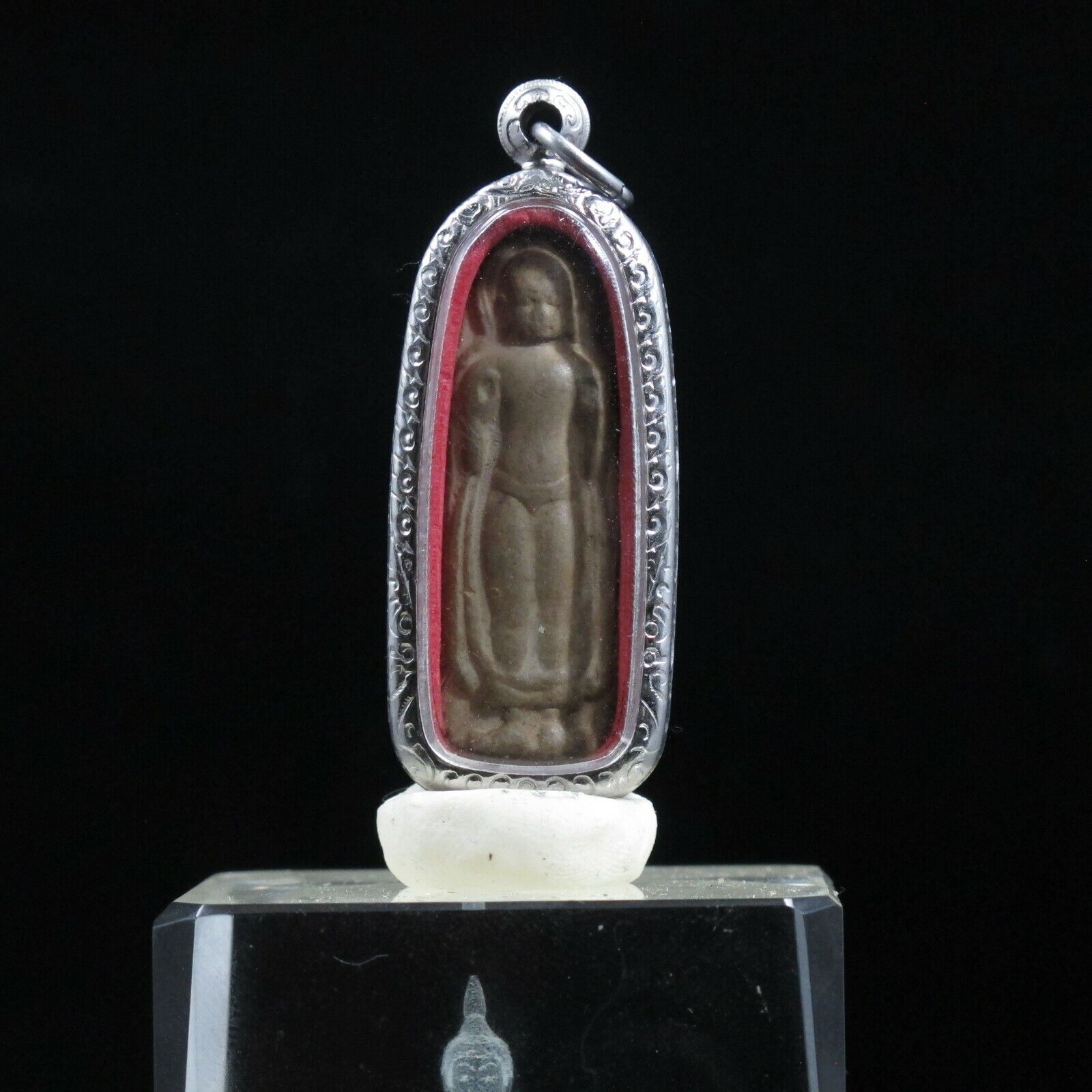 Thai Buddha Amulet Vintage Enlightened Standing No Fear Stainless case #49