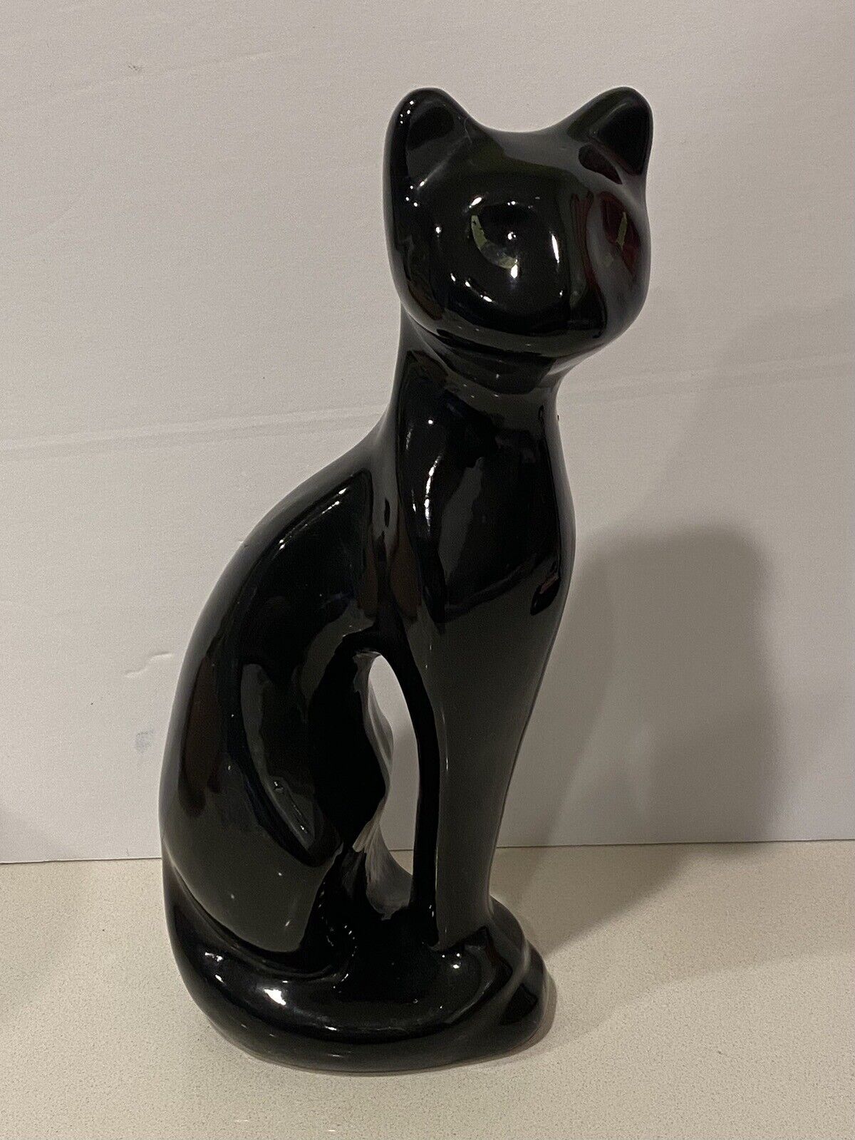 Vintage Black Ceramic Kitty Cat Statue Figurine Green Painted Eyes MCM Style