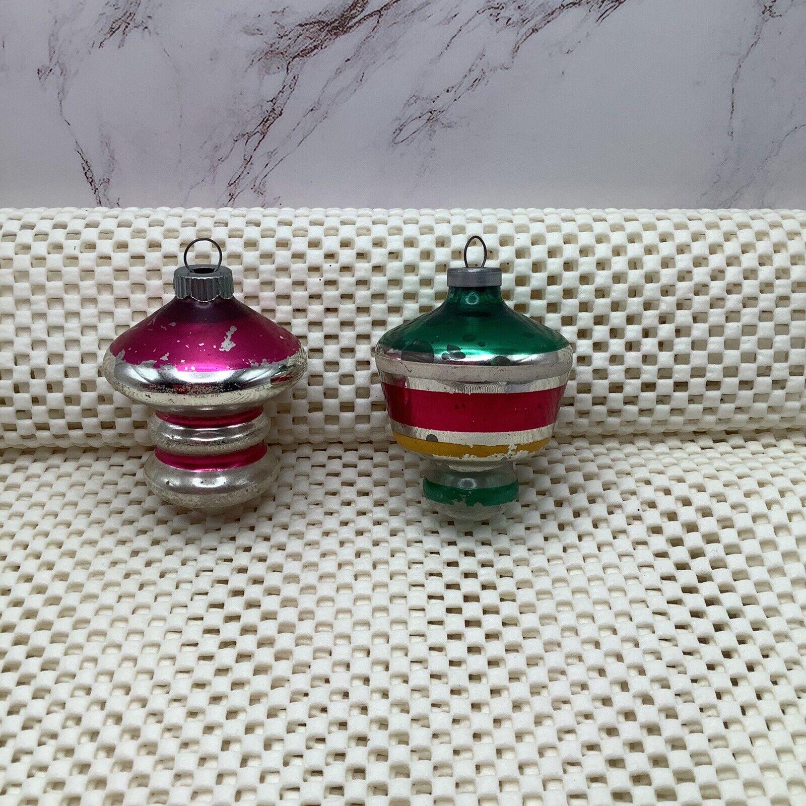 Vintage Mercury Glass Shiny Brite UFO Style Ornaments Set Of Two Made In U.S.A