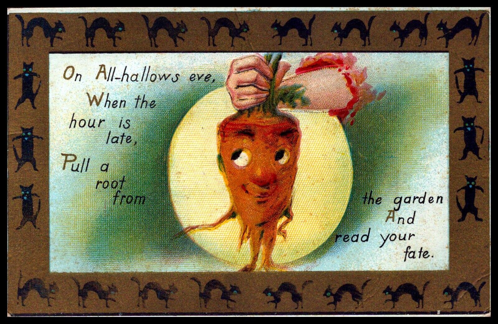 1918 Halloween Postcard Anthropomorphic Carrot Root Vegetable Person Black Cats