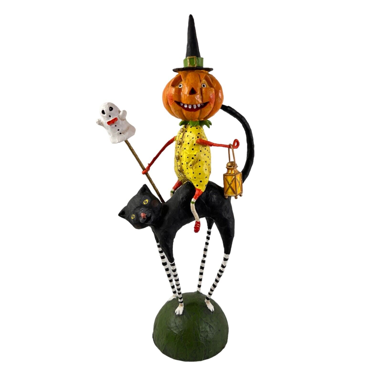Lori Mitchell Halloween Pumpkin Head Man Riding On Black Cat 10” Tall Folk Art