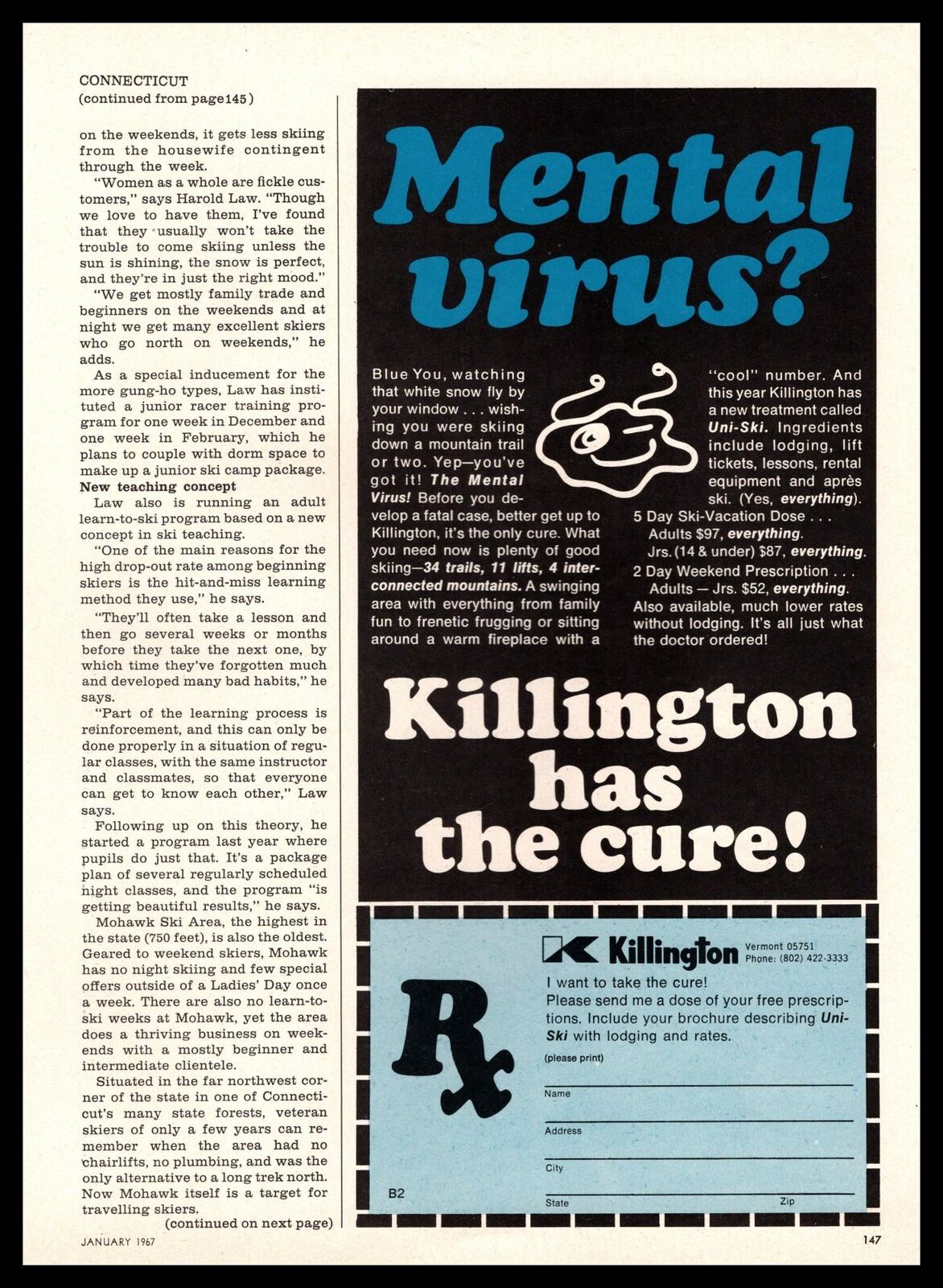 1967 Killington Vermont Ski Resort Has The Cure For Mental Virus Print Ad
