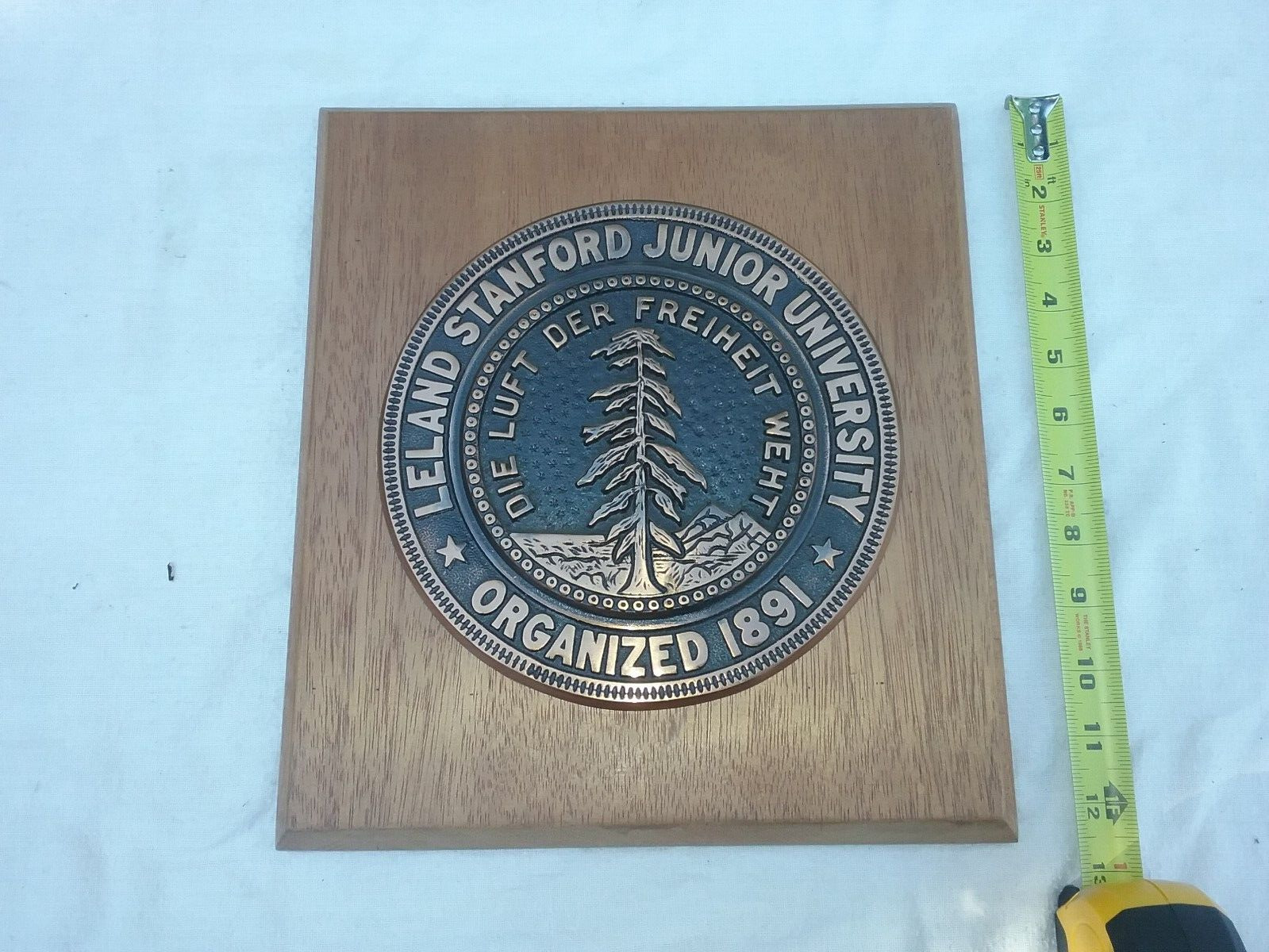 FINAL PRICE Vintage Stanford University Bronze Plaque on Oak Mount.
