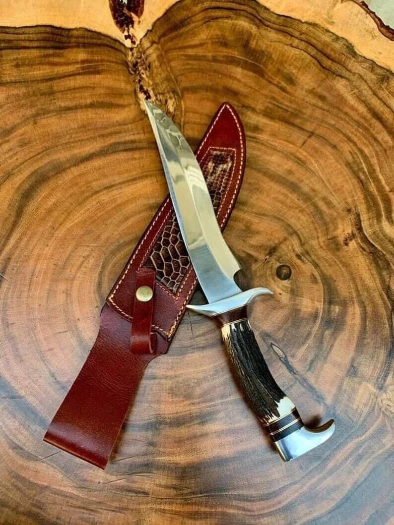 Custom Handmade D2 Steel Stag Horn Handle Hunting Bowie Knife with Leather Sheat