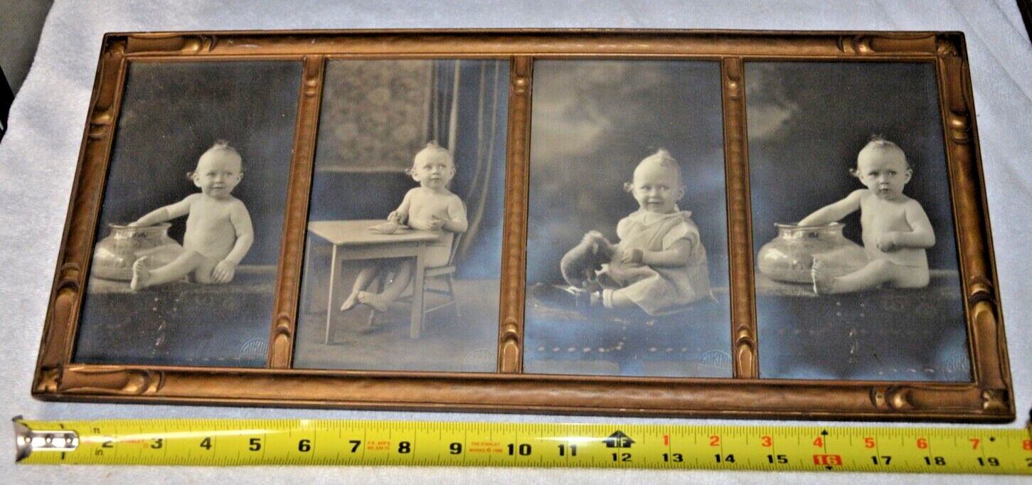 Original Antique Photograph Baby Series of 4 about 19” X 9” total size Framed