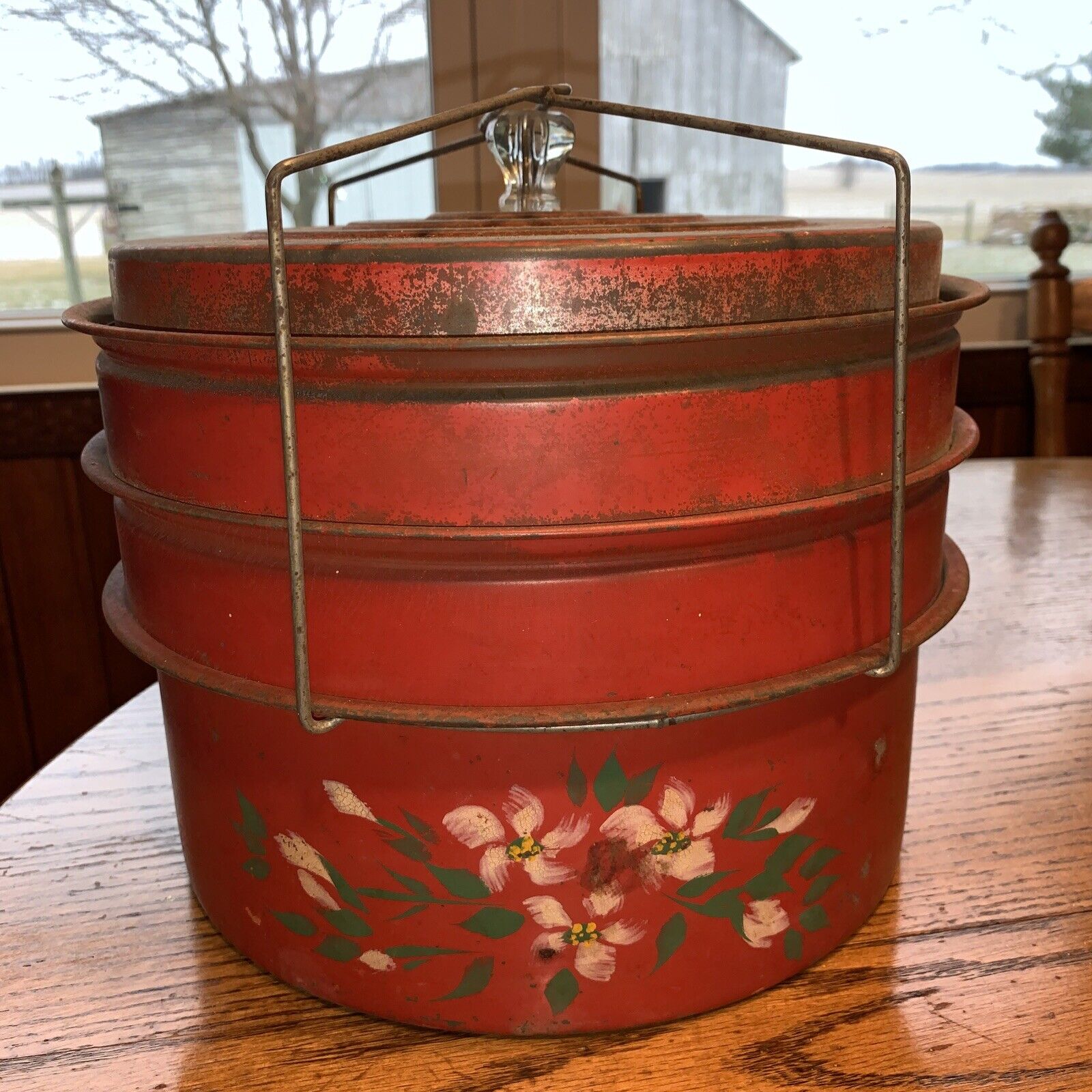 RARE Vintage 1940’s Food Carrier 3 Sections Wire Snap Down Original Red Paint