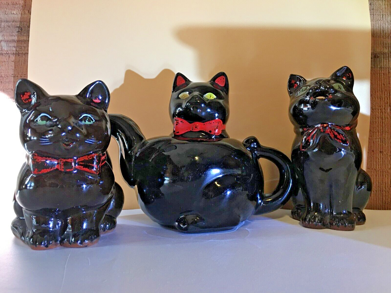 Shafford Redware Black Cat Three Piece Set Teapot Creamer Sugar Pottery ca. 1950
