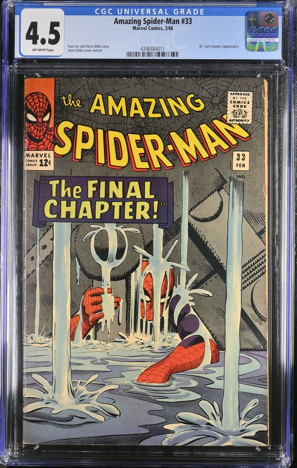 Amazing Spider-Man #33 CGC VG+ 4.5 Off White Classic Cover Stan Lee Ditko