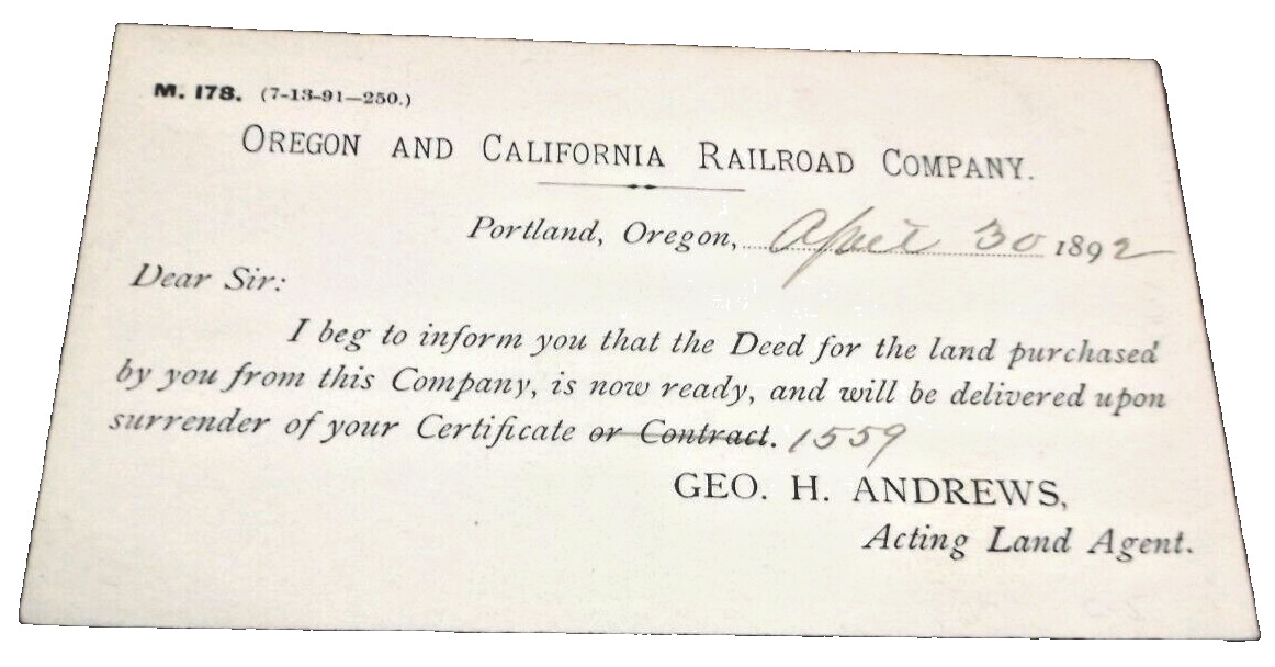 APRIL 1892 OREGON & CALIFORNIA RAILROAD SOUTHERN PACIFIC LAND DEED POST CARD
