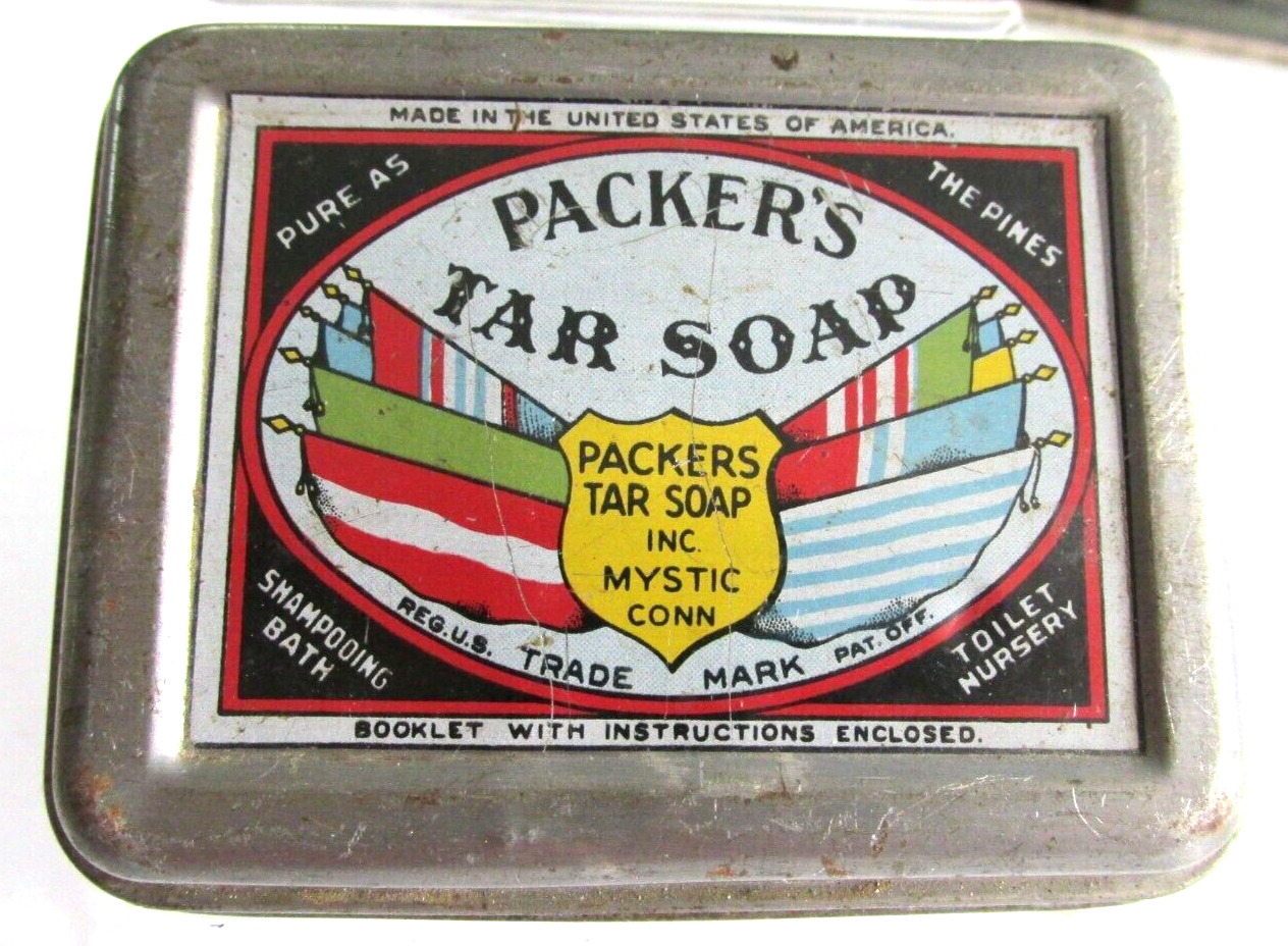 Vintage PACKER'S TAR SOAP Tin Box, Mystic Connecticut, Ct.  Has Paper inside