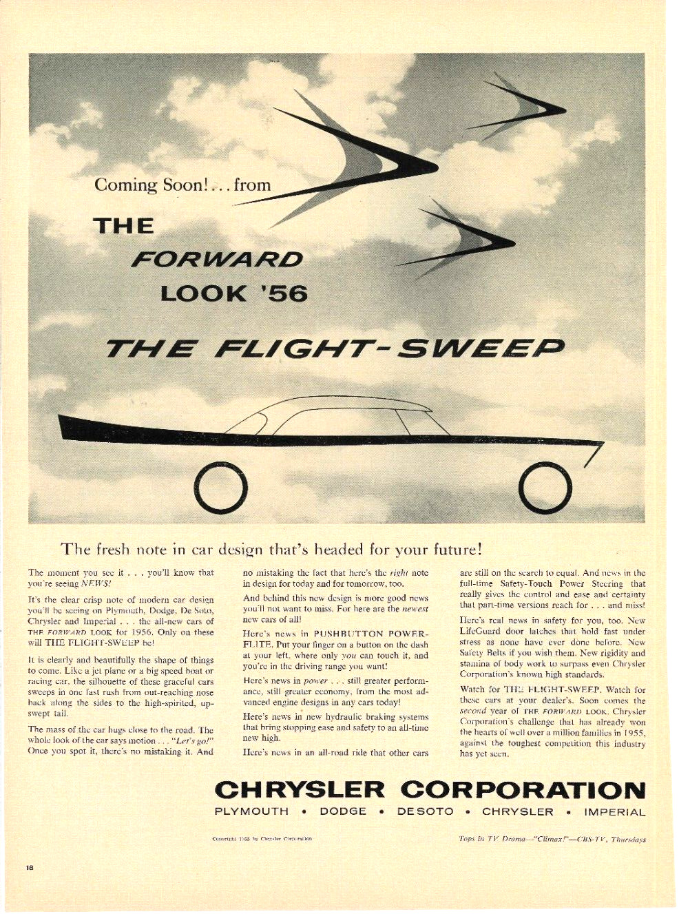 1955 Chrysler The Flight Sweep Car \'56 Vintage Print Ad Dodge Plymouth Desoto